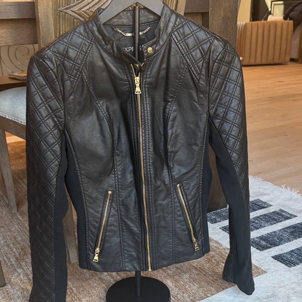 Express Quilted Black Leather Jacket with Gold Accents